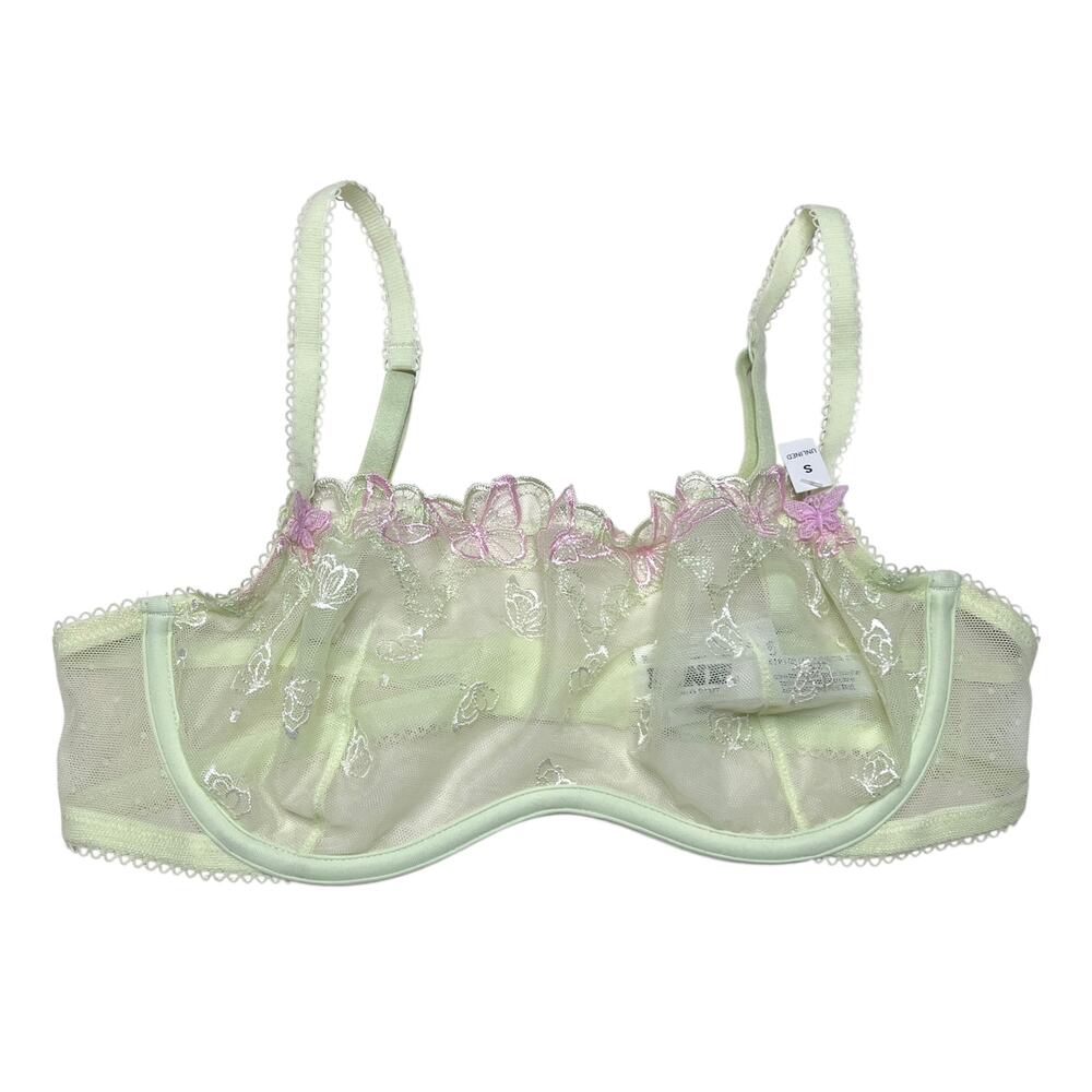 Victoria's Secret PINK Wink Scoop Bra Butterfly Embroidery Mesh Lime Green Pink